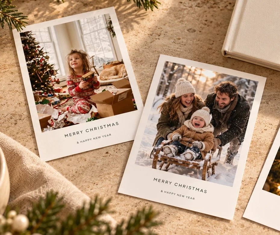 Illustrative flat portrait Christmas postcards on a warmly lit table, with personalised photographs and the Christmas greeting