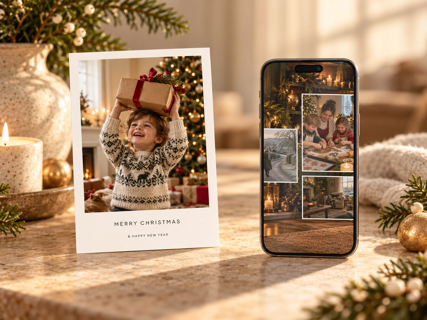 Illustrative phone showing a Christmas Moment photograph collage, beside a portrait personalised Christmas postcard