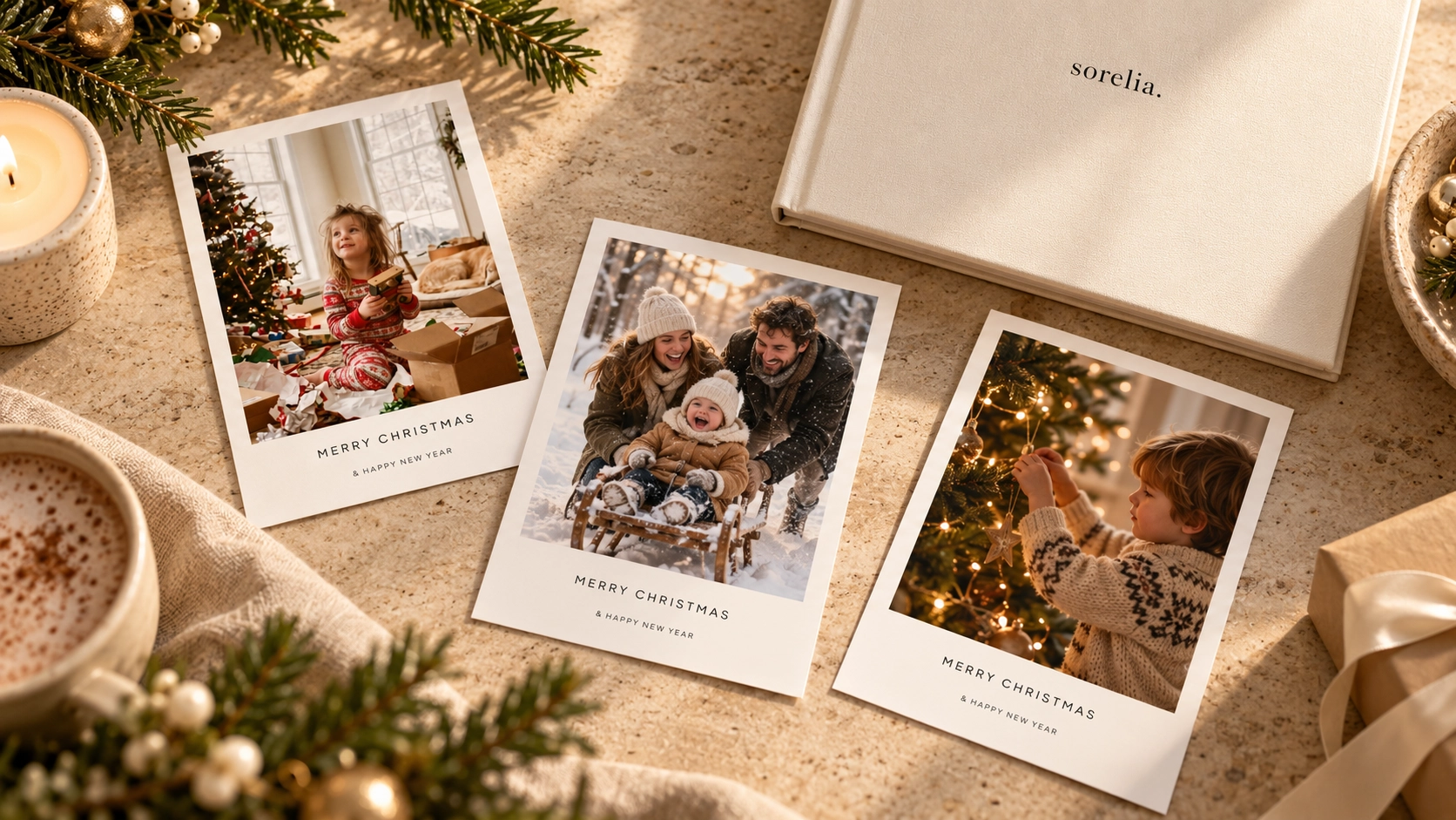Fictional Christmas photographs and an illustrative cream keepsake book on a sunlit table